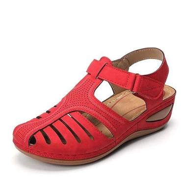 Imagem de Sandálias femininas retrô confortáveis de verão com furos para carro antiderrapantes não esmerilham pés tamanho grande redondo largo feminino, Vermelho, 10