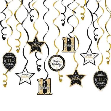 Imagem de Nelbiirth Feliz aniversário de 11 anos, redemoinhos de glitter preto e dourado, decorações de festa - 15 peças, kit de espirais para pendurar no 11º aniversário, placa de festa de aniversário de onze