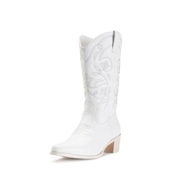 Imagem de IUV Botas femininas caubói, bico fino, botas ocidentais, botas cowgirl, cano médio, Branco, 34