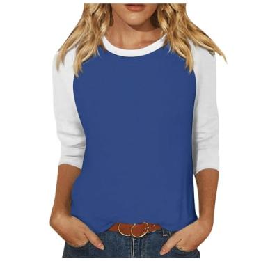 Imagem de Camisetas femininas de manga 3/4 de comprimento de verão com gola redonda e comprimento três quartos camisetas raglan colorblock, Ofertas Relâmpago Azul, M