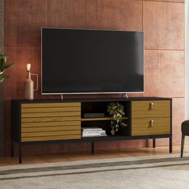 Imagem de Rack Industrial Frizado Dior P/Tvs até 65 Polegadas 162cm 2 Gavetas Preto/ Cedro - Olivar Móveis