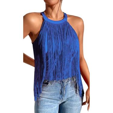 Imagem de SEAUR Camiseta feminina casual com franja, frente única, acabamento com borla, regatas, festivais de música, cowgirl, 02 Azul, P