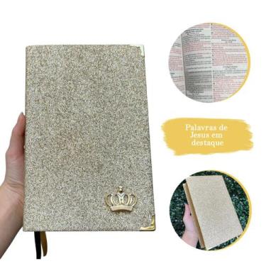Imagem de Bíblia Sagrada Luxo Dourada Glitter Brilho Com Harpa, LETRAS MÉDIAS, F