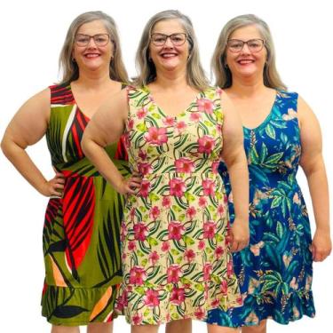 Imagem de Kit 3 Vestidos Estampados Plus Size Regata Midi Gola V Frente Forrada 