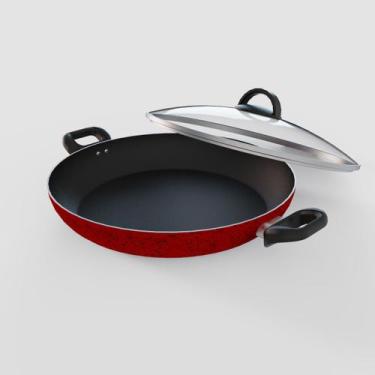 Imagem de Panela Wok Vermelha 32cm com 5 Camadas Antiaderente e Tampa De Vidro -