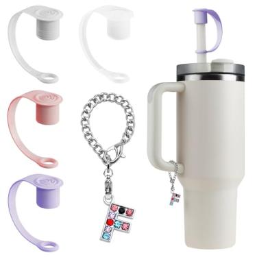 Imagem de Neepanda 4 peças de cobertura de canudo de silicone para Stanley Cup 30 e 4 onças 6-10 mm canudos, topos de palha com 1 peça inicial personalizada letra Stanley Charm F Stanley Cup acessórios