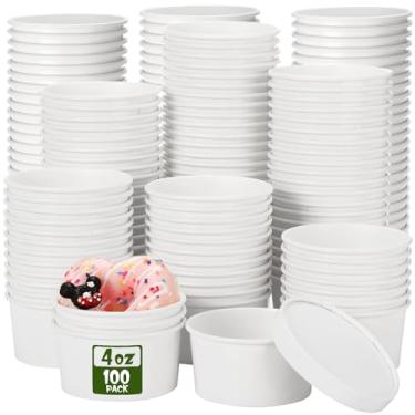 Imagem de Fulmoon Embalagem com 100 recipientes de sopa de papel com tampas, recipientes de papel descartáveis para alimentos com tampa ventilada Kraft sorvete, bolo, sobremesa, copos de sopa, tigela para