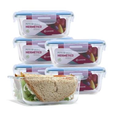 Imagem de Kit 6 Potes Vidro Hermético 800ml Marmita Tampa Plástico - U4home, Azu