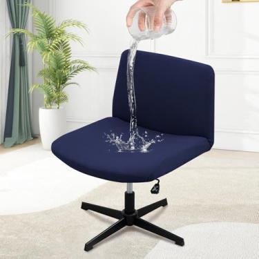 Imagem de MINGPINHUIUS Capa de cadeira ajustável sem braços: capa de cadeira de escritório de veludo jacquard de malha moderna cobertura de cadeira de toucador de encosto médio, para sala de estar quarto (azul