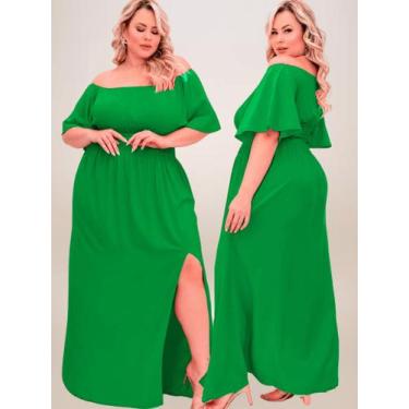 Imagem de Vestido Longo Plus Size Verde Natal Com Fenda Manga Godê Moda Blogueir