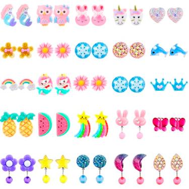 Imagem de Hicdaw Brincos infantis com clipe para meninas, 25/30 pares de brincos hipoalergênicos para crianças de 4 a 12 anos, brincos fofos com clipe de animal para meninas sem orifícios de orelha, conjunto de
