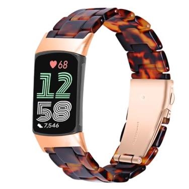 Imagem de PONATTENO Pulseira de relógio de resina para Fitbit Charge 6/Charge 5, pulseira de substituição ultraleve para Charge 6/5, pulseira elegante à prova d'água (Tortoiseshell-A)