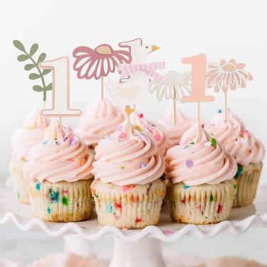 Imagem de 12Pcs Swan 1st Birthday Cupcake Topper - The Little Princess One Birthday Party Cake Decoration, One Silly Goose Birthday, Pink Daisy Cupcake Toppers, Swan Birthday Party Cake Supplies Pink