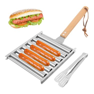 Imagem de LOQJSS Rolo de cachorro-quente para grelha, com espátula de metal e cabo longo de madeira, suporte de rolo de salsicha de aço inoxidável, cachorro-quente para churrasco para cachorro-quente