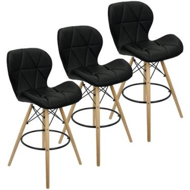 Imagem de Kit 3 Banquetas Slim Eiffel Wood Estofada - Lianto Decor, Preto