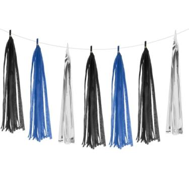 Imagem de PATIKIL Faixa de guirlanda de borla, 15 peças de papel de seda, borlas, decoração de festa, kits DIY para chá de noiva, aniversário de casamento, azul-marinho, preto/prata