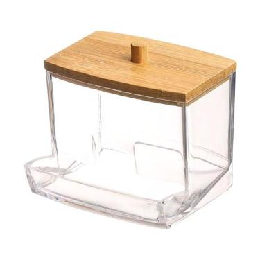 Imagem de Porta Cotonete Organizador Em Acrílico Com Tampa Bambu 9cm - TopÚtil