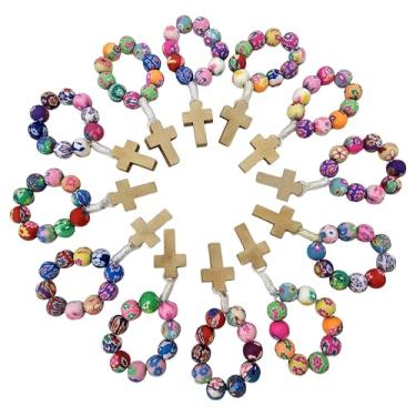 Imagem de TALISMAN4U 12 peças multicoloridas contas de argila de polímero católico anel de rosário com cruz terra santa presente religioso