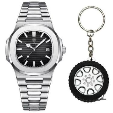 Imagem de Relógio Social Masculino Prateado Old Money + Chaveiro Roda-Masculino