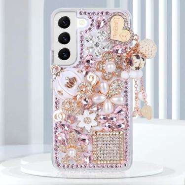 Imagem de Guppy Capa para Galaxy A56 Bling Case, 3D Bling Brilhante Strass Diamante Pérola Pingente Feito à Mão Torre de Ferro Abóbora Carro Flores Capa Protetora Macia Antiqueda para Galaxy A56 (Rosa)