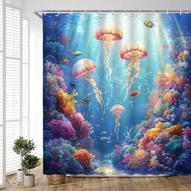Imagem de PZMPZM Cortina de chuveiro de água-viva fantasia oceano animal colorido peixe tropical coral mundo subaquático vida marinha banheiro cortinas de tecido poliéster com ganchos 170x170 cm A