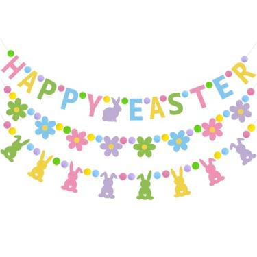 Imagem de Doumeny Peças Faixa De Feltro Feliz Páscoa, Bola Coelho Colorido, Guirlanda Da Flor Primavera, Bandeirinhas Pompom, Festa Para Lareira, Decoração Parede Casa