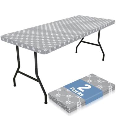 Imagem de misaya Pacote com 2 toalhas de mesa retangulares de vinil, toalha de mesa elástica com forro de flanela, capa de mesa à prova d'água, serve para mesas dobráveis de 1,8 m para acampamento, ambientes
