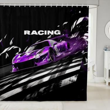 Imagem de Feelyou Cortina de chuveiro de carro de corrida 183 x 213 cm, à prova d'água, esportes radicais, conjunto de cortina de chuveiro para crianças, meninos, meninas, jogos, carro, acessórios de banheiro