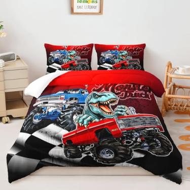 Imagem de AILONEN Conjunto de edredom Monster Trucks, caminhonete azul e vermelho de dinossauro, tamanho Queen, preto e branco, 1 edredom e 2 fronhas, 3 peças, microfibra macia