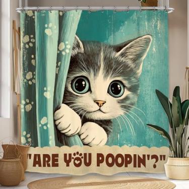 Imagem de Kalmico Cortina de chuveiro engraçada gato gatinho 182 cm L L x 182 cm Hilarious Kids Cute Teal Pet Retro Adorável Interessante Conjunto de acessórios decoração com 12 ganchos