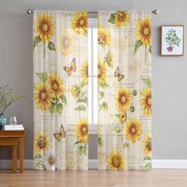 Imagem de Cortinas florais transparentes 213 cm de comprimento, painéis de tratamento de janela de borboleta de girassol country haste de filtragem de luz cortinas de voile para quarto/sala de estar cada 132 cm