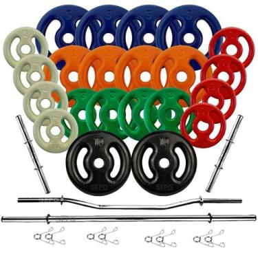 Imagem de Kit Anilhas Emborrachadas 80 Kg + 4 Barras Com Presilhas - CIUZE