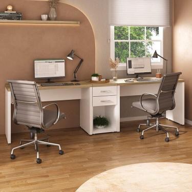 Imagem de Kit Escritório Completo para 2 Pessoas com 3 Peças: 2 Escrivaninhas e 1 Gaveteiro Home Office Olmo/Branco