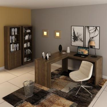 Imagem de Conjunto Home Office 3 Peças Com 1 Mesa Para Escritório Em L 2 Estantes Espresso Móveis Nogal
