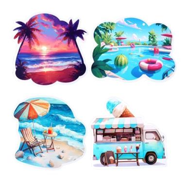 Imagem de 4 peças de ímãs de geladeira com tema de praia, verão, Havaí, sorvete, caminhão, beira-mar, pôr do sol, ímã de geladeira, adesivos para decoração de armário de cozinha em casa, suprimentos de