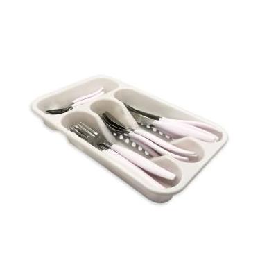 Imagem de Conjunto de Talheres em Inox, 25 Peças, Branco, com Porta Talher, 6 Facas, 6 Garfos, 6 Colheres de Mesa, 6 Colheres de Chá