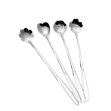 Imagem de IEUDNS Conjunto de 4 colheres de sobremesa com flor para café expresso, sorvete, colher de bolo com cabo longo para cozinha, cafeteria, decoração de casa, Prata