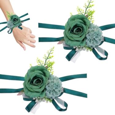 Imagem de Pulseira feminina Corsage de pulso 2 peças 4x5 Corsage com fita requintada para formatura, casamento, mãe da noiva e do noivo, verde escuro