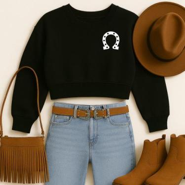 Imagem de Cropped Moletom Country Estampa Ferradura Cavalo Roça Rodeio Show Barr