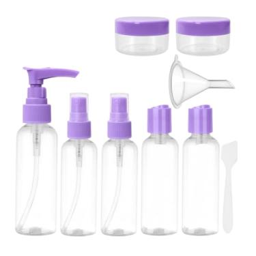Imagem de Kit Frascos para Viagem 9 Peças – Frascos Portáteis Reutilizáveis para Shampoo, Sabonete, Cremes, Cosméticos, Líquidos – Mini Potes Plásticos para Mala de Mão e Necessaire - Shop100 (Roxo)