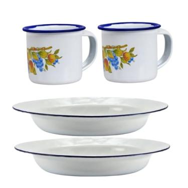 Imagem de Prato e Caneca Esmaltado Branco Kit Esmalte 3 pratos 3 canecas, 2 pratos 2 canecas, 1 prato 1 canecas Retro café chá (2, Branco Estampado)