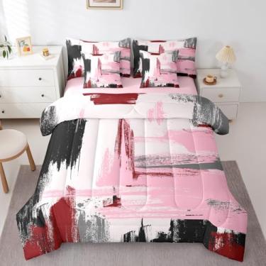 Imagem de Erosebridal Conjunto de edredom abstrato, 7 peças, cama de solteiro em uma bolsa, moderno, rosa, vermelho e preto, para meninas, conjunto de cama gradiente em aquarela, estilo pintura a óleo, edredom