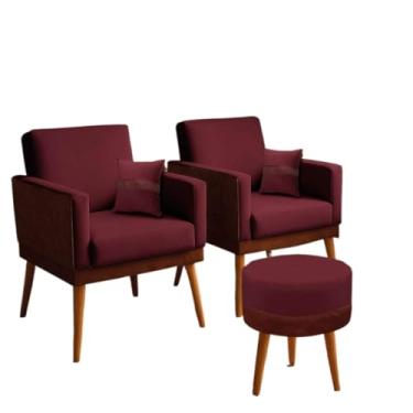 Imagem de Kit 02 Poltronas para Sala Decorativa Lis com Almofada e Puff Redondo Corino Peroba e Suede Aninha Decor (Bordô)