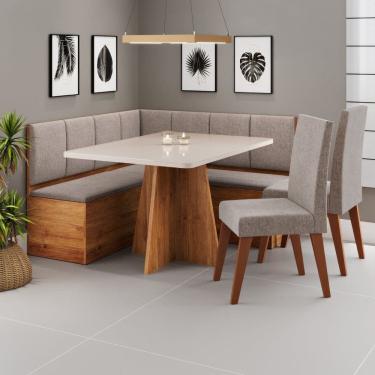 Imagem de Conjunto Canto Alemão com Baú Mesa 120x77,8cm Tampo com Vidro e 2 Cadeiras Milão Mel/Off White/Kaki