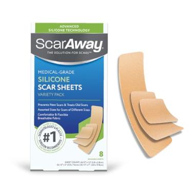 Imagem de ScarAway Folhas de silicone para cicatrizes avançadas para cuidados com a pele, pacote variado de tiras de silicone, número 1 tratamento recomendado para cirurgia, queimaduras, corpo, acne, hipertróficas e cicatrizes queloides, 8 folhas reutilizáveis