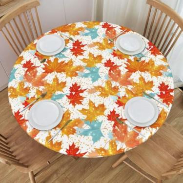 Imagem de Toalha de mesa redonda de outono laranja azul-petróleo folha de bordo com borda elástica tema de outono toalha de mesa lavável reutilizável para cozinha interna e festa em casa cabe 114-127 cm