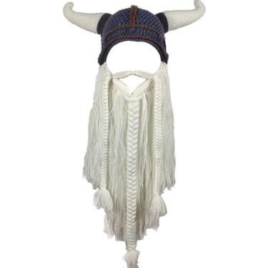 Imagem de YEKEYI Chapéu Viking Big Horn Gorro Barba Viking Chapéu de Malha Bárbaro Engraçado Chapéu de Esqui Chapéu de Halloween Chapéu de Natal (Branco)