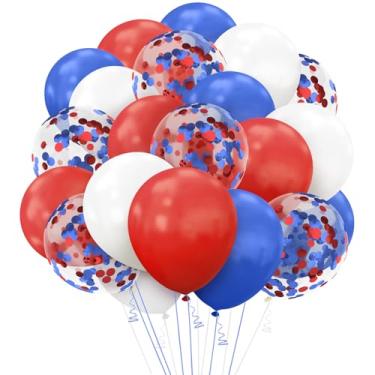 Imagem de Balões de 4 de julho balões metálicos vermelhos, brancos e azuis, 62 peças, balão de festa de látex de 30,5 cm, balão vermelho, branco e azul com confetes para decorações patrióticas de festa de