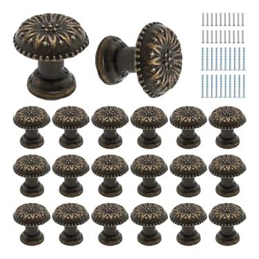 Imagem de PDETVEO 20 peças mini puxadores de bronze de 1,5 cm x 1,3 cm, puxadores de gaveta com padrão de flor vintage com parafusos, alças decorativas redondas para caixa de joias, guarda-roupa, armário