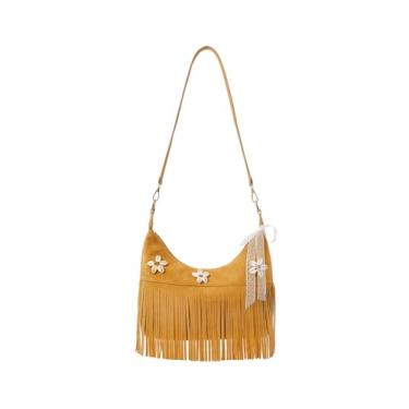 Imagem de MakeMeChic Bolsas femininas Seashell Fringe Shoulder Handbags Bow Knot Vacation Beach Boho Bags, Amarelo, One Size, Macio